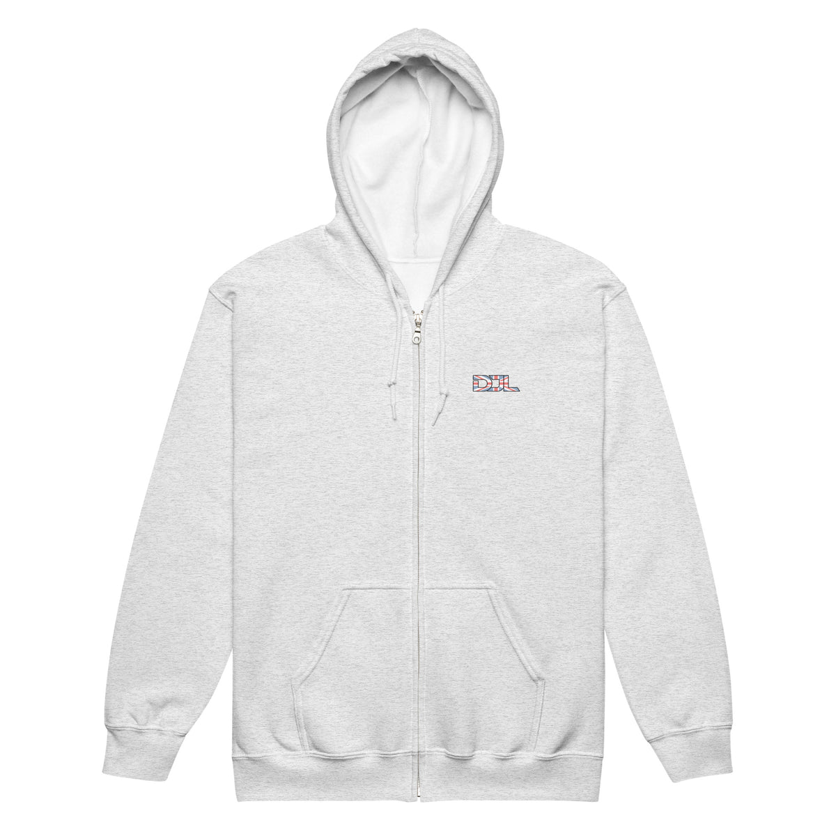DJ Leslieson “House Music Is A Feeling” unisex zip hoodie in Ash, front view showing the DJL logo