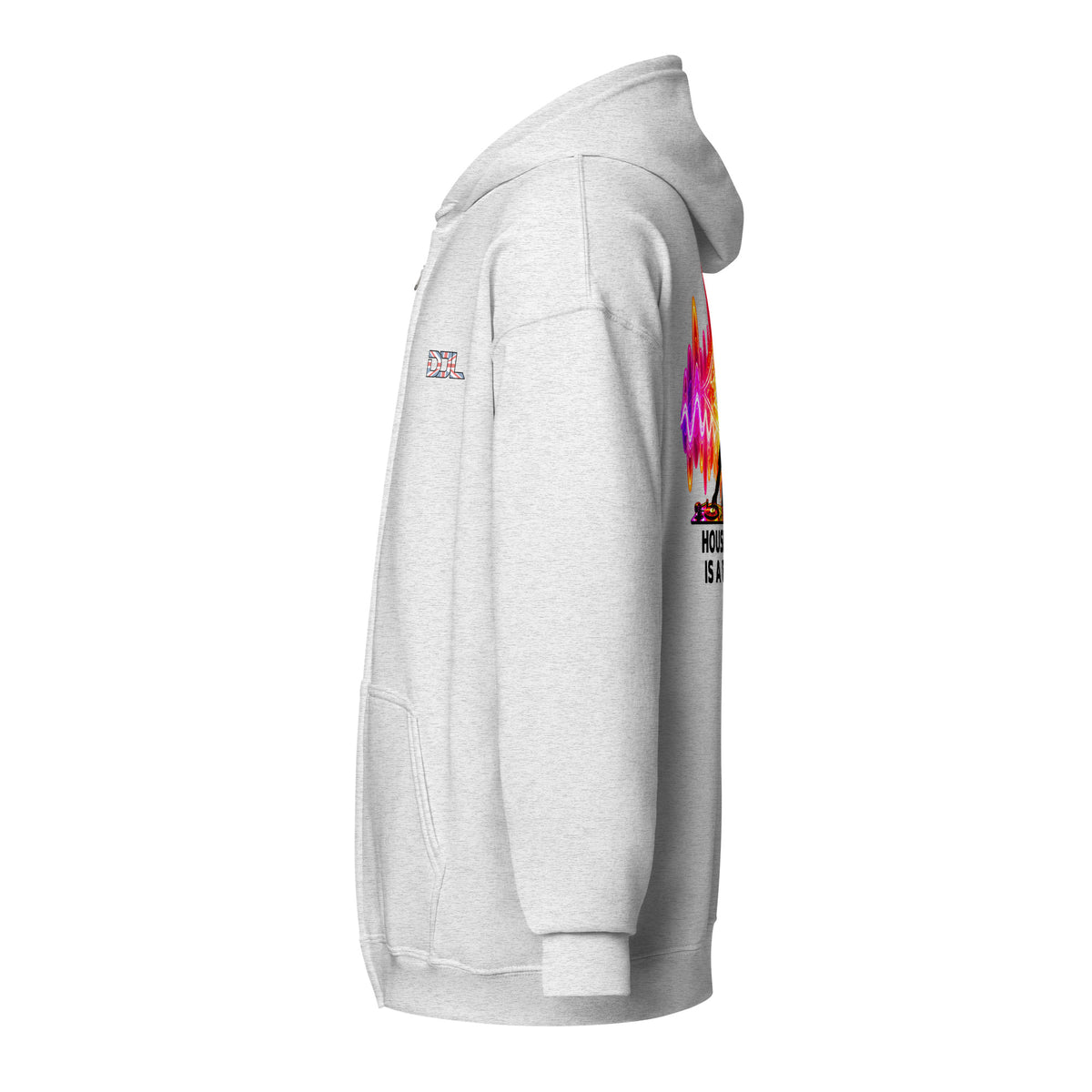 DJ Leslieson “House Music Is A Feeling” unisex zip hoodie in Ash, left side view