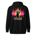 DJ Leslieson “House Music Is A Feeling” unisex zip hoodie in Black, back view showing the full design