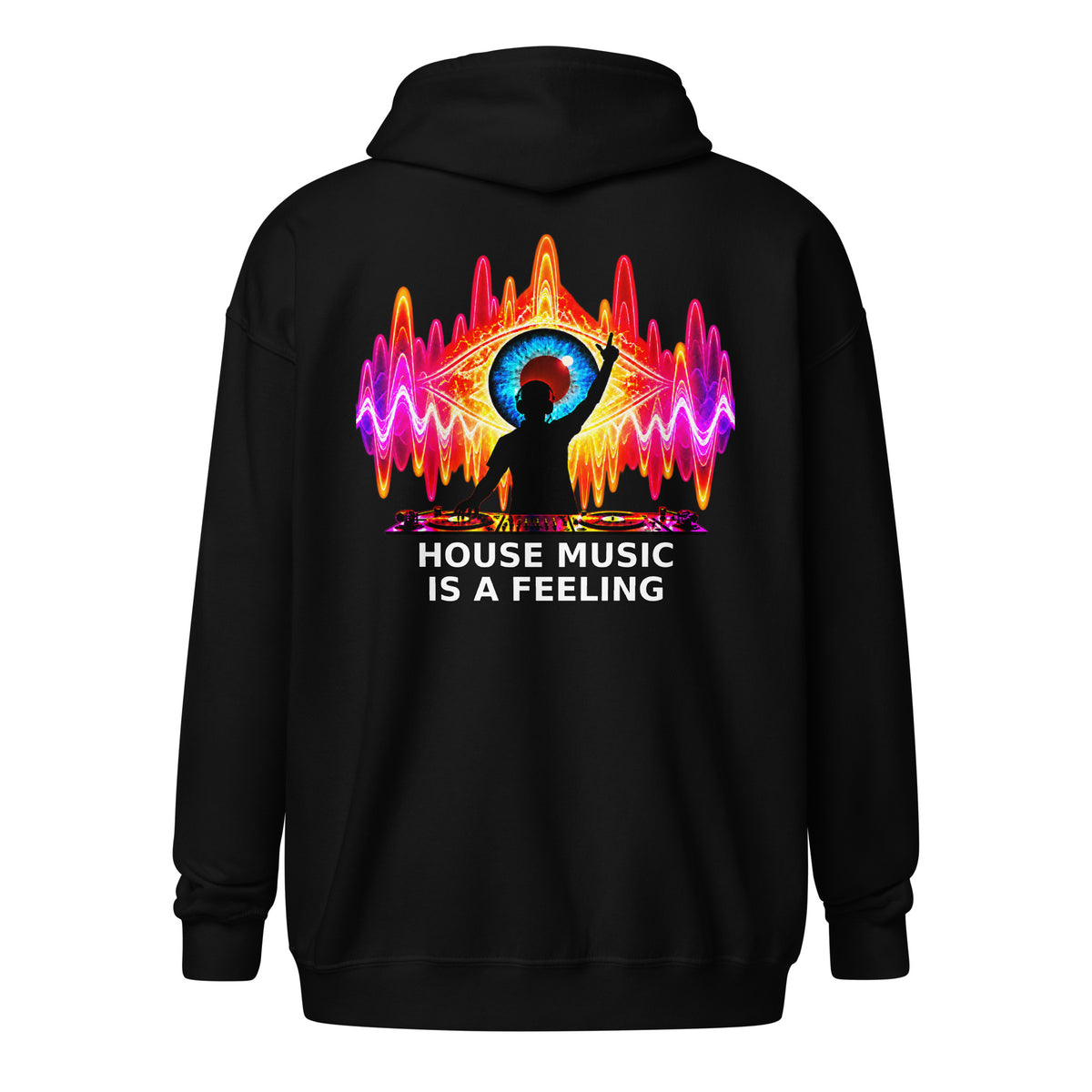 DJ Leslieson “House Music Is A Feeling” unisex zip hoodie in Black, back view showing the full design