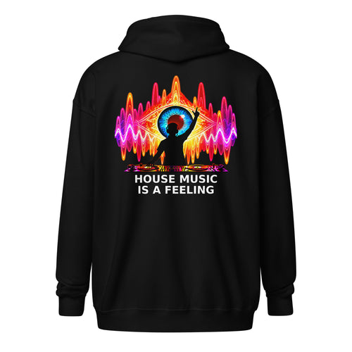 DJ Leslieson “House Music Is A Feeling” unisex zip hoodie in Black, back view showing the full design