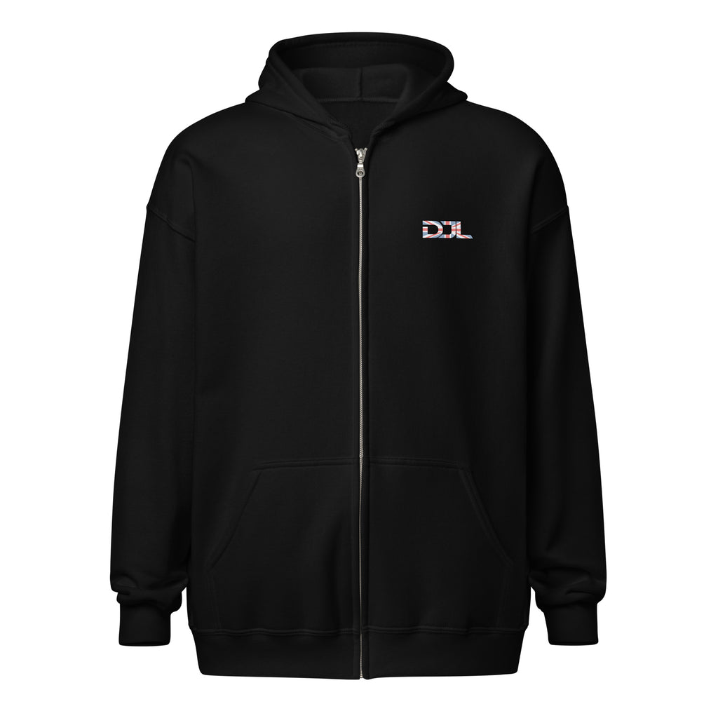 DJ Leslieson “House Music Is A Feeling” unisex zip hoodie in Black, front view showing the DJL logo