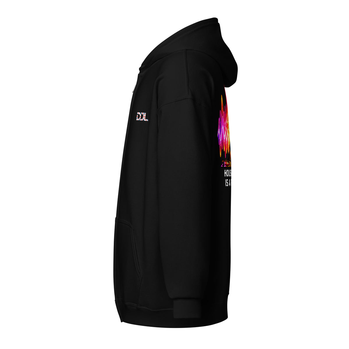 DJ Leslieson “House Music Is A Feeling” unisex zip hoodie in Black, left side view