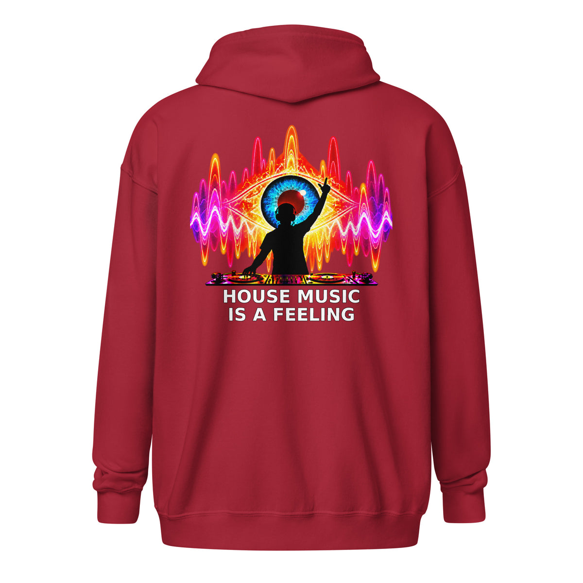 DJ Leslieson “House Music Is A Feeling” unisex zip hoodie in Cardinal Red, back view showing the full design