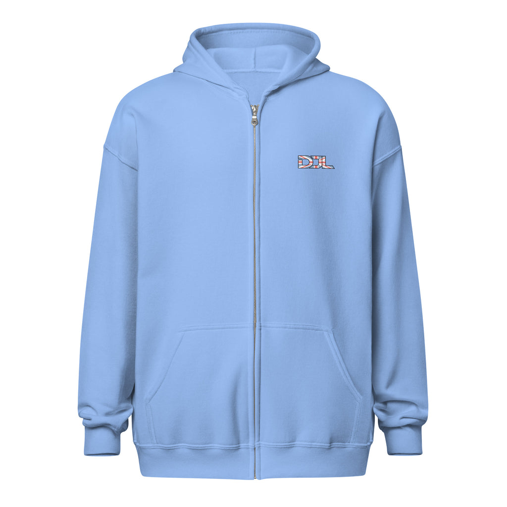 DJ Leslieson “House Music Is A Feeling” unisex zip hoodie in Carolina Blue, front view showing the DJL logo