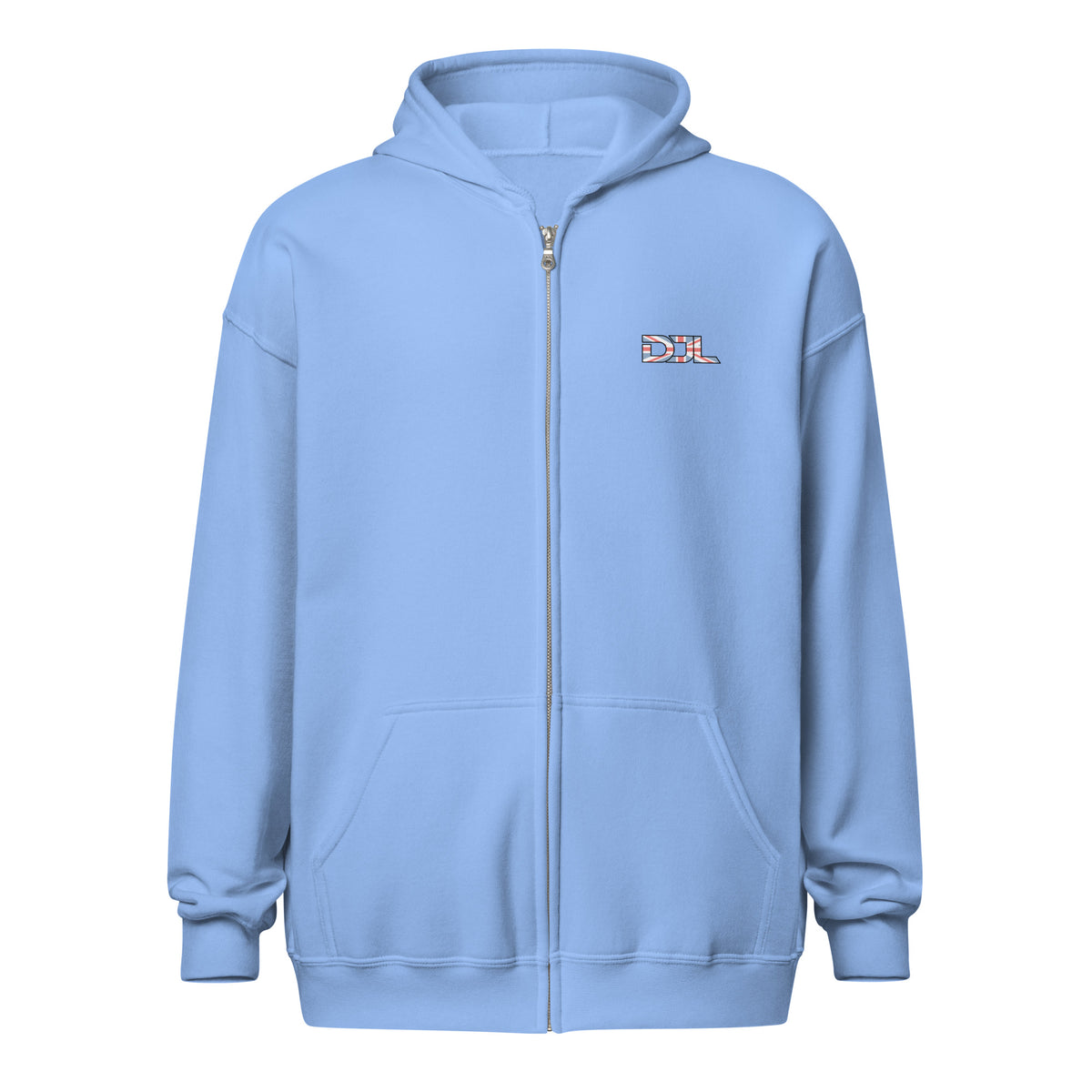 DJ Leslieson “House Music Is A Feeling” unisex zip hoodie in Carolina Blue, front view showing the DJL logo