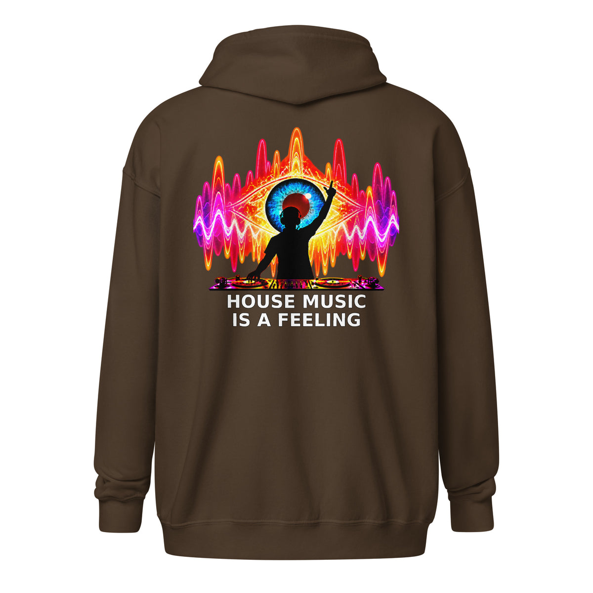 DJ Leslieson “House Music Is A Feeling” unisex zip hoodie in Dark Chocolate, back view showing the full design