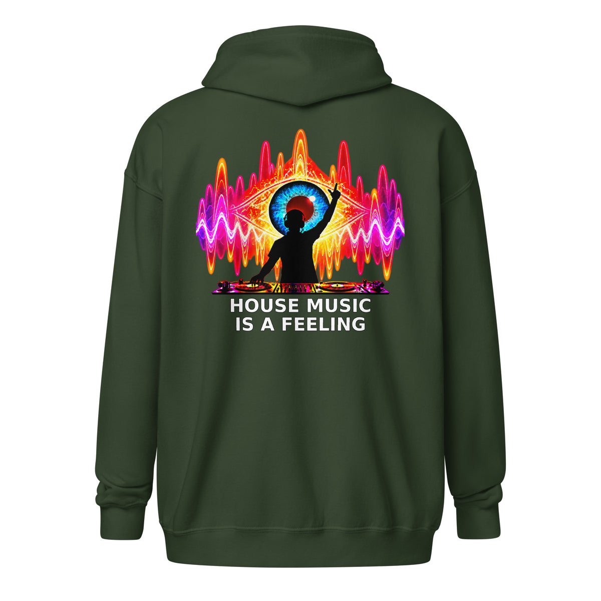 DJ Leslieson “House Music Is A Feeling” unisex zip hoodie in Forest Green, back view showing the full design