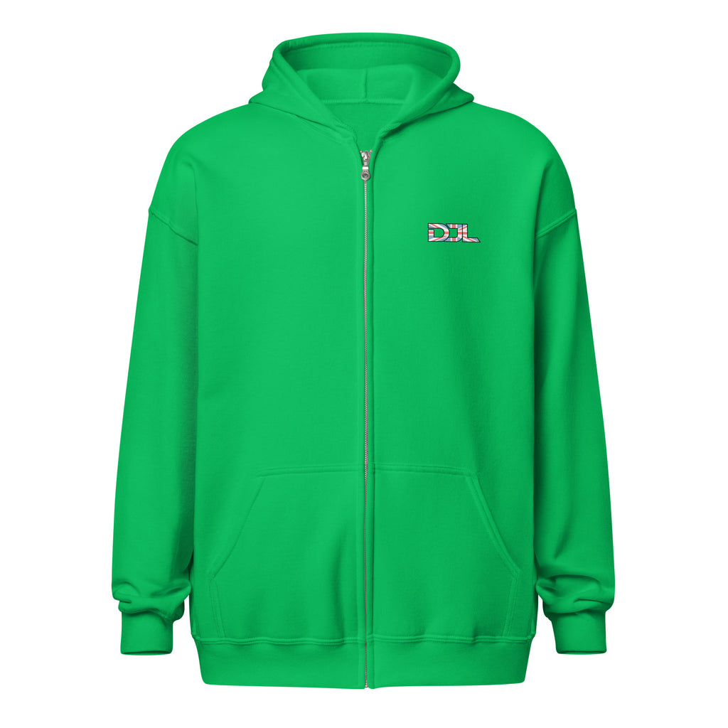 DJ Leslieson “House Music Is A Feeling” unisex zip hoodie in Irish Green, front view showing the DJL logo