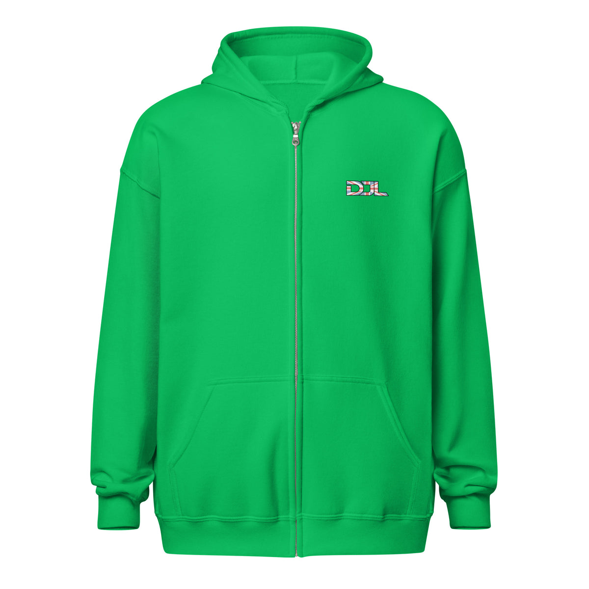 DJ Leslieson “House Music Is A Feeling” unisex zip hoodie in Irish Green, front view showing the DJL logo