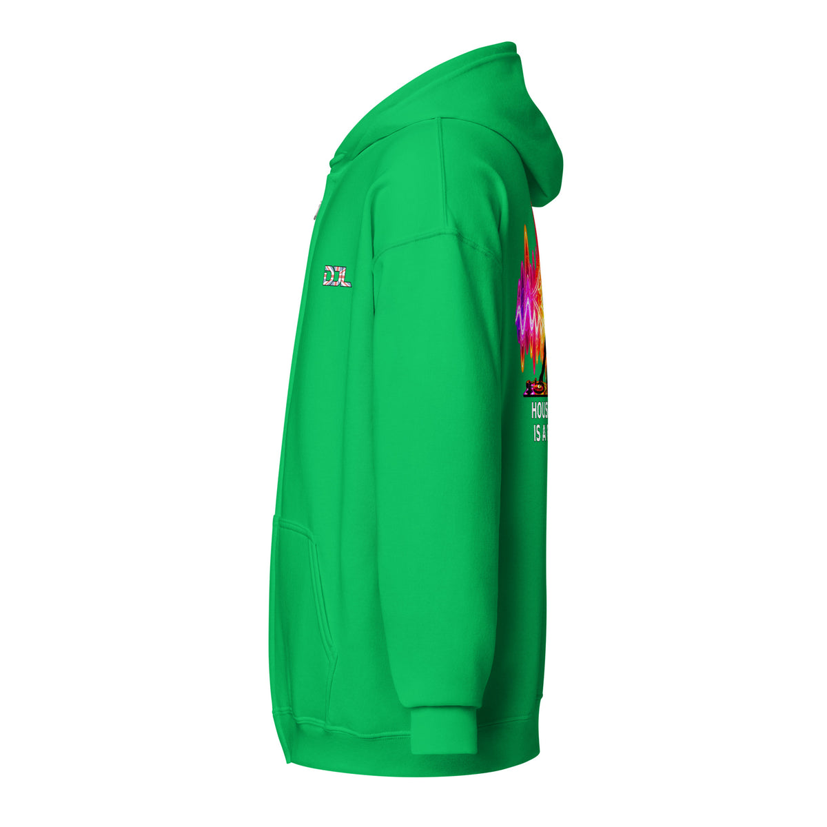 DJ Leslieson “House Music Is A Feeling” unisex zip hoodie in Irish Green, left side view