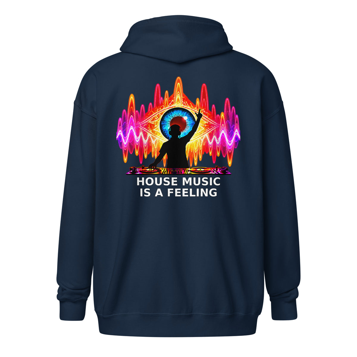 DJ Leslieson “House Music Is A Feeling” unisex zip hoodie in Navy, back view showing the full design