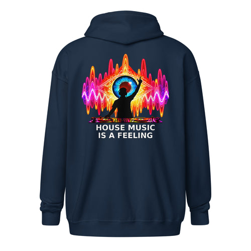 DJ Leslieson “House Music Is A Feeling” unisex zip hoodie in Navy, back view showing the full design