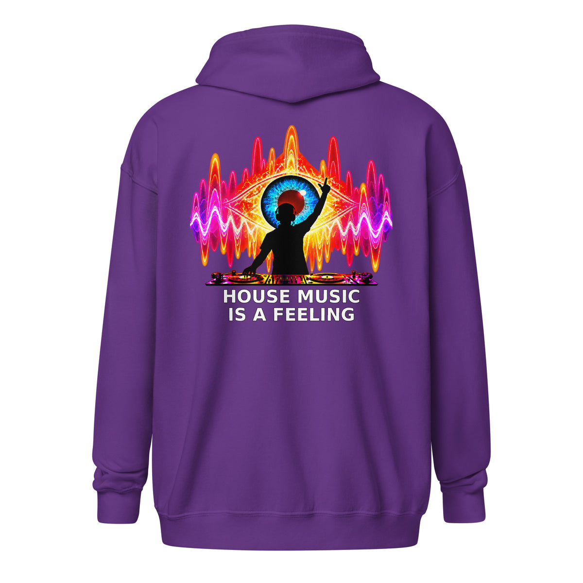 DJ Leslieson “House Music Is A Feeling” unisex zip hoodie in Purple, back view showing the full design