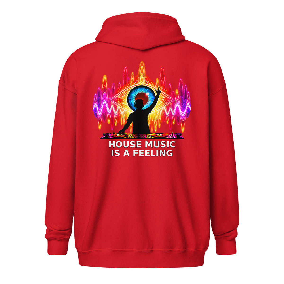 DJ Leslieson “House Music Is A Feeling” unisex zip hoodie in Red, back view showing the full design
