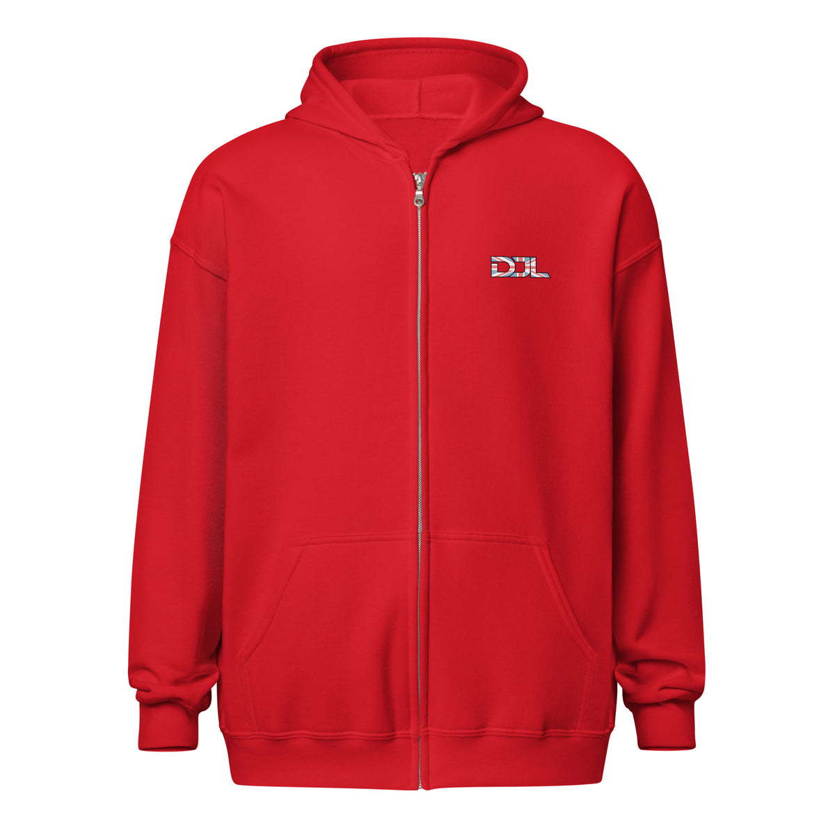 DJ Leslieson “House Music Is A Feeling” unisex zip hoodie in Red, front view showing the DJL logo