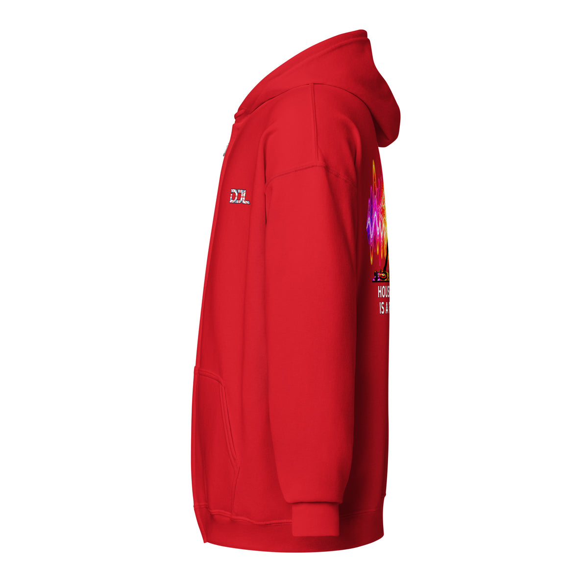 DJ Leslieson “House Music Is A Feeling” unisex zip hoodie in Red, left side view