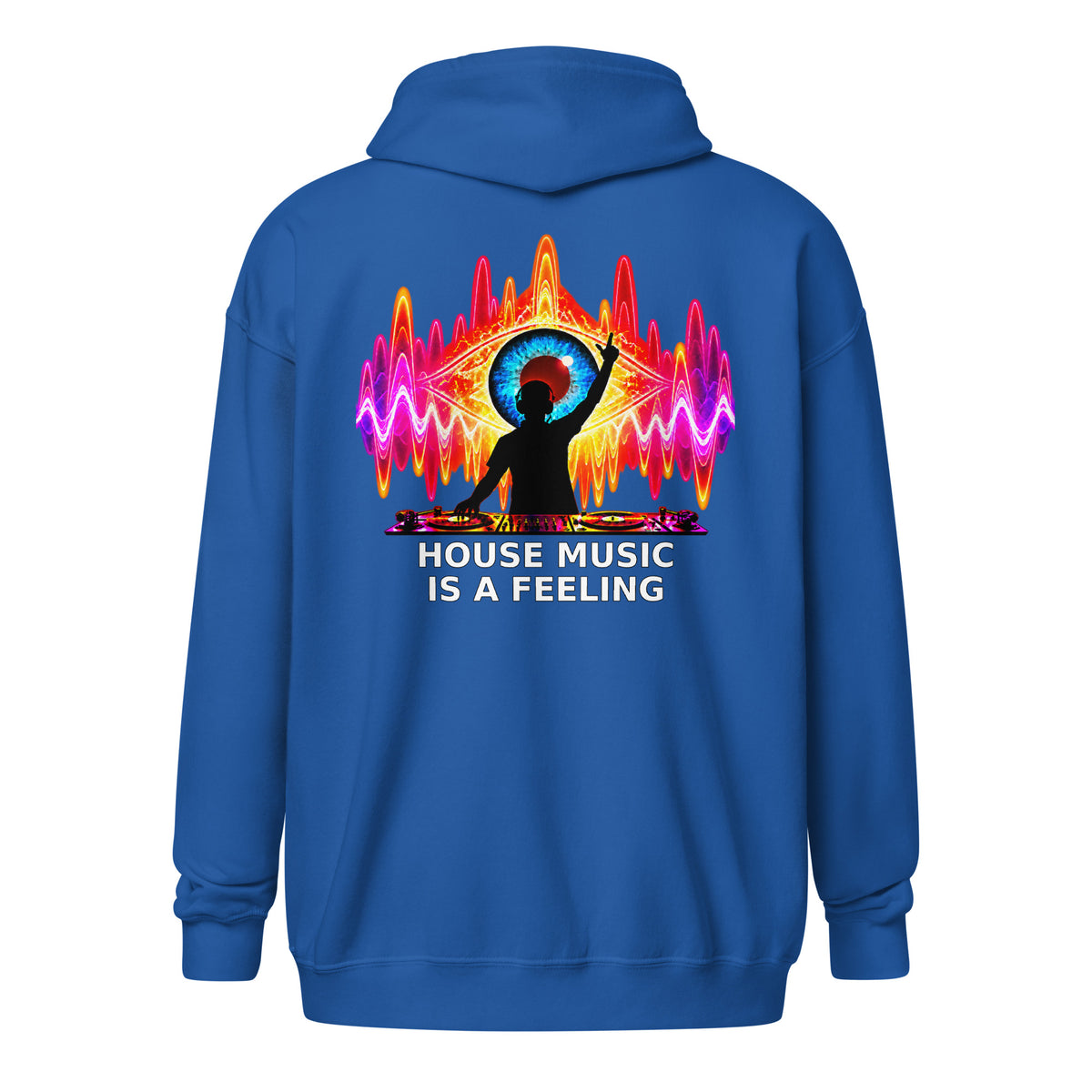DJ Leslieson “House Music Is A Feeling” unisex zip hoodie in Royal, back view showing the full design