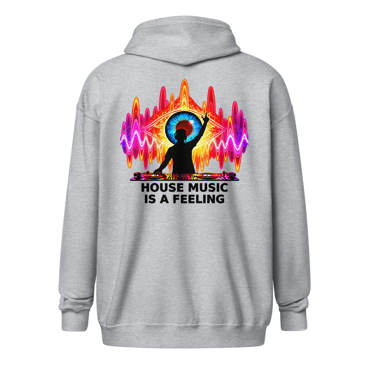 DJ Leslieson “House Music Is A Feeling” unisex zip hoodie in Sport Grey, back view showing the full design