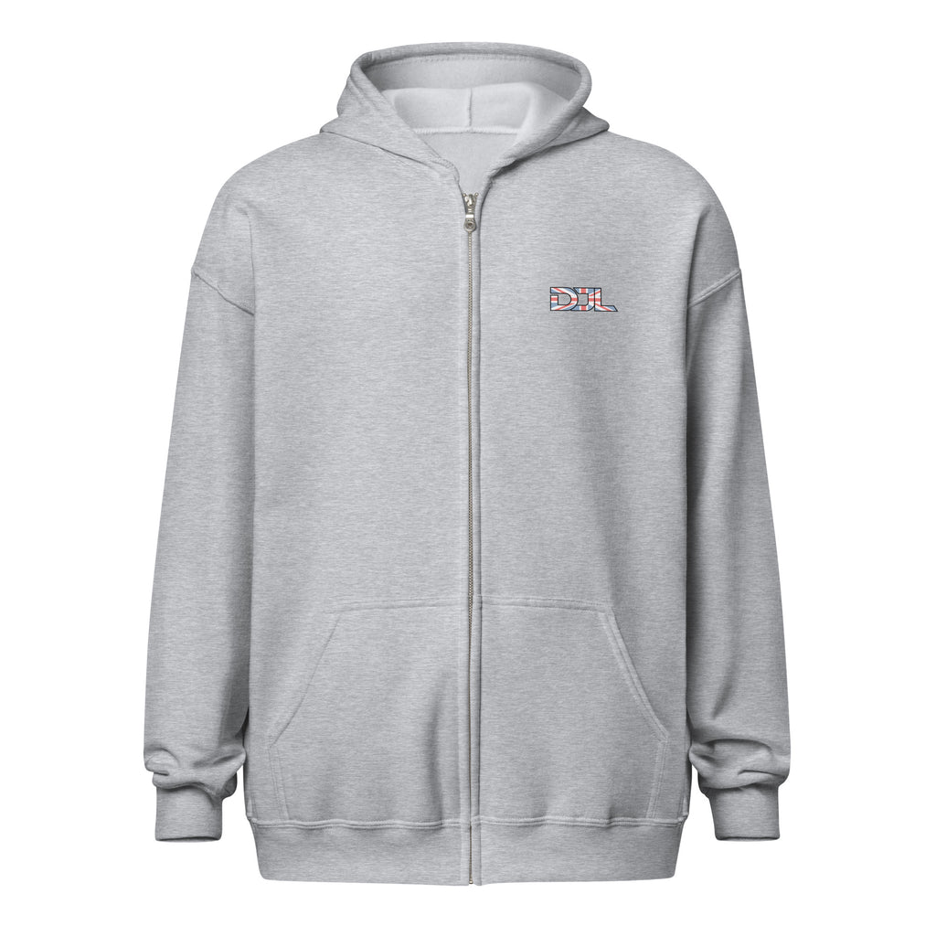 DJ Leslieson “House Music Is A Feeling” unisex zip hoodie in Sport Grey, front view showing the DJL logo