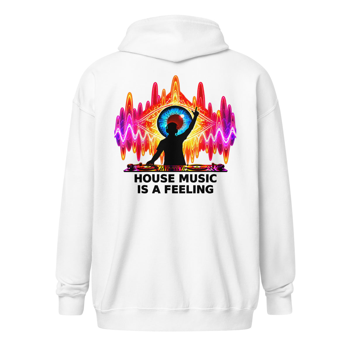 DJ Leslieson “House Music Is A Feeling” unisex zip hoodie in White, back view showing the full design