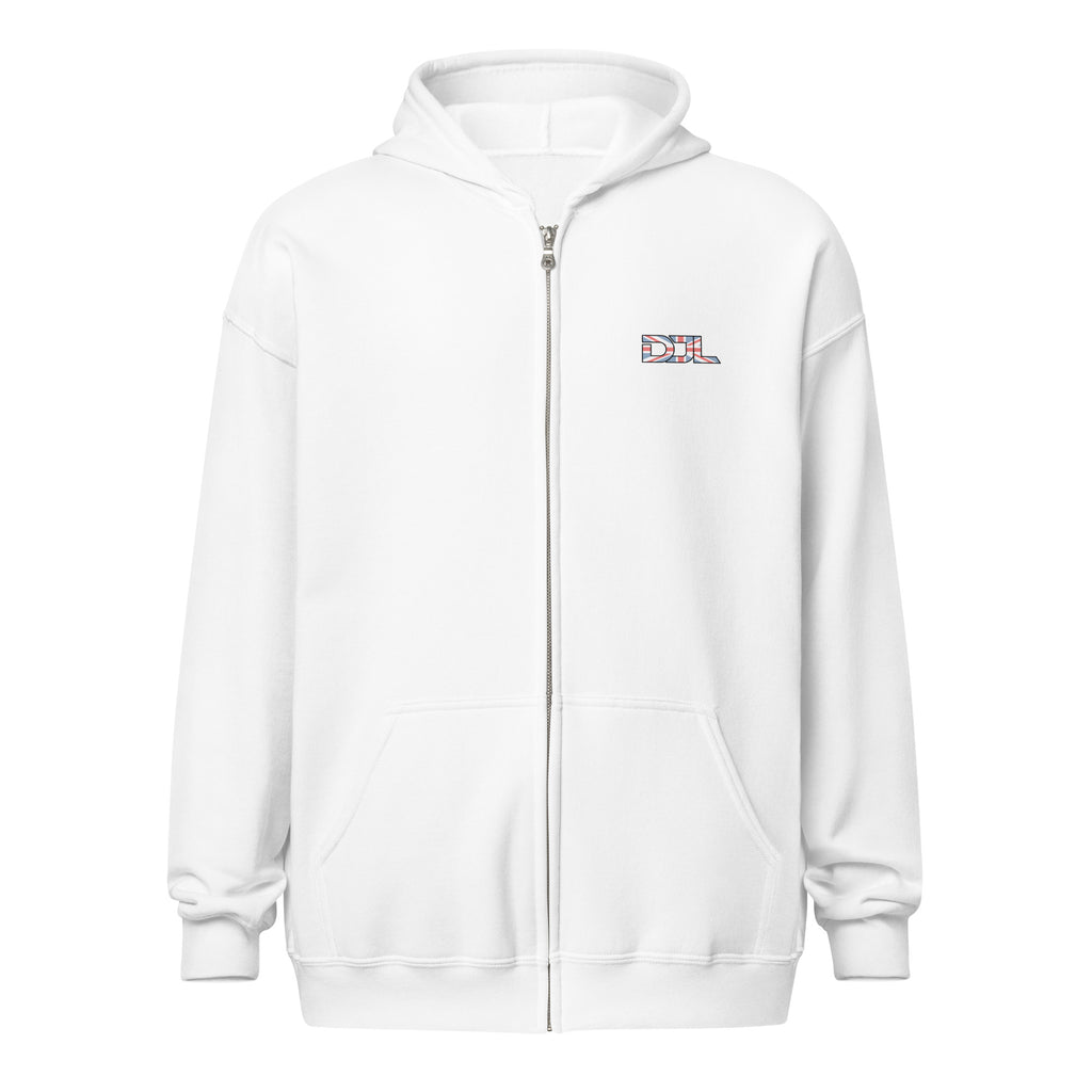 DJ Leslieson “House Music Is A Feeling” unisex zip hoodie in White, front view showing the DJL logo