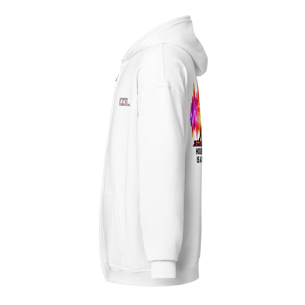 DJ Leslieson “House Music Is A Feeling” unisex zip hoodie in White, left side view