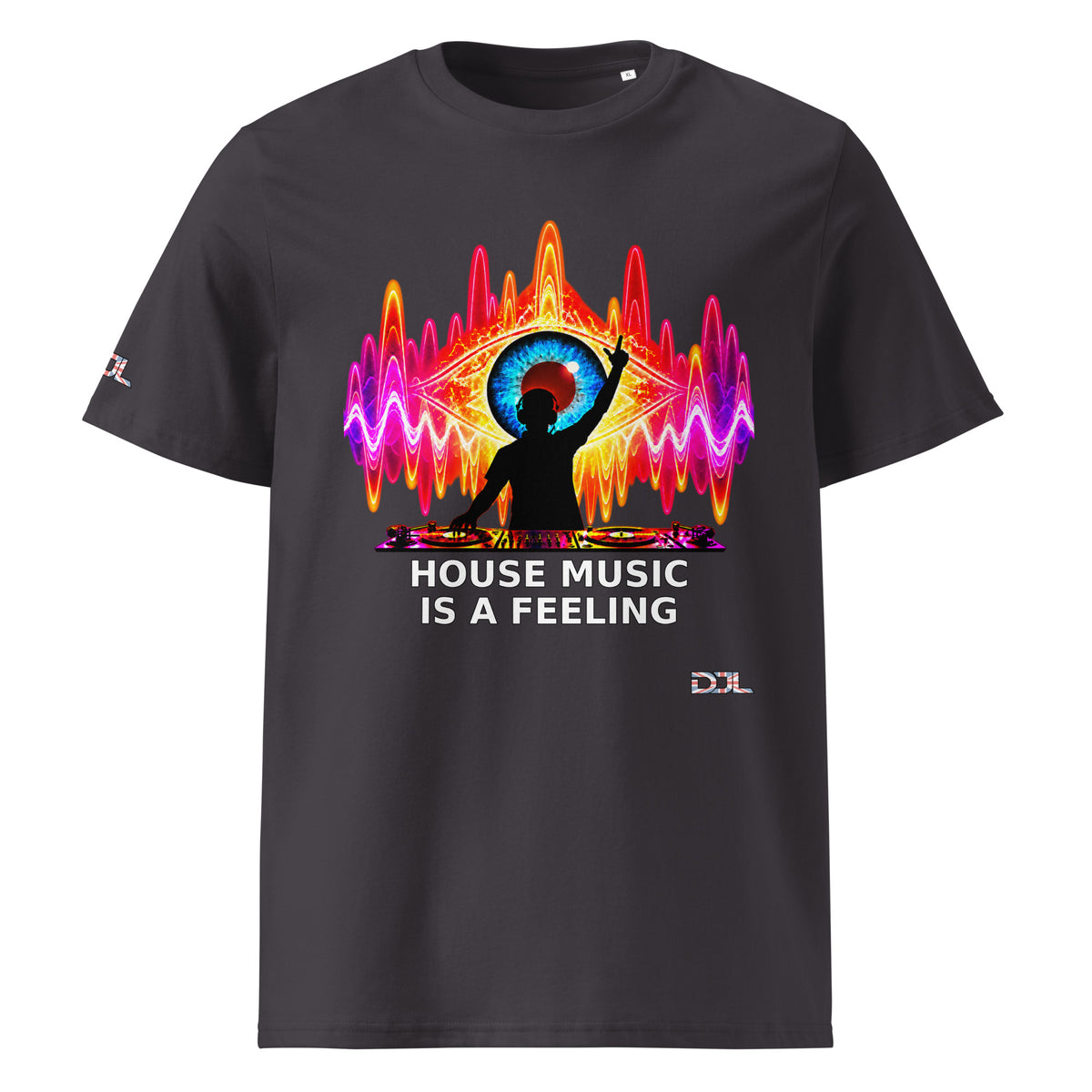 DJ Leslieson “House Music Is A Feeling” unisex organic t-shirt in Anthracite, front view showing the full design