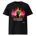 DJ Leslieson “House Music Is A Feeling” unisex organic t-shirt in Black, front view showing the full design