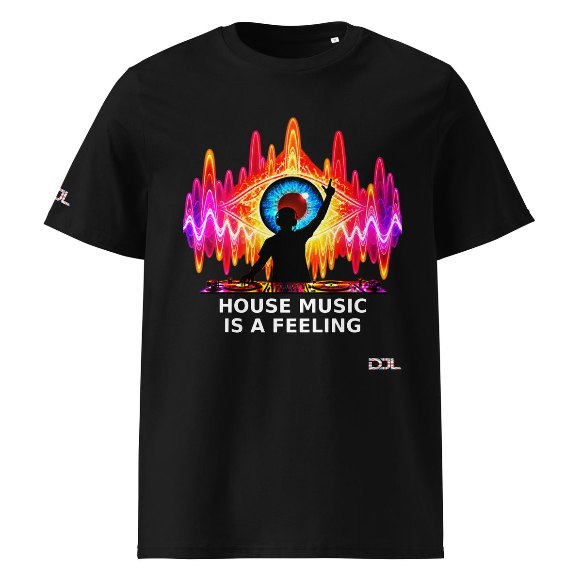 DJ Leslieson “House Music Is A Feeling” unisex organic t-shirt in Black, front view showing the full design