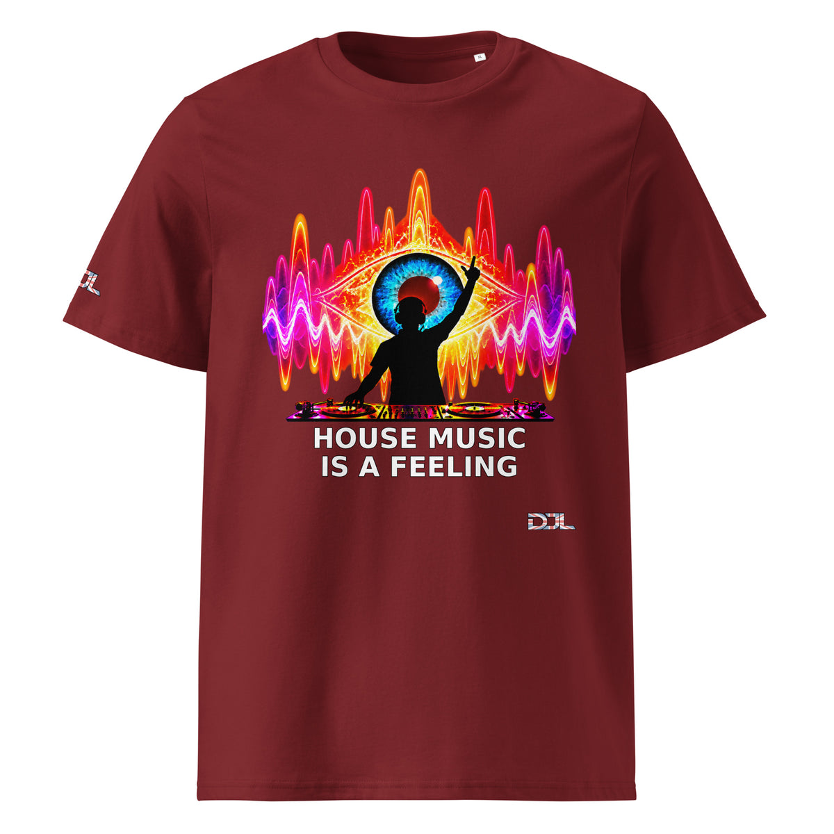 DJ Leslieson “House Music Is A Feeling” unisex organic t-shirt in Burgundy, front view showing the full design