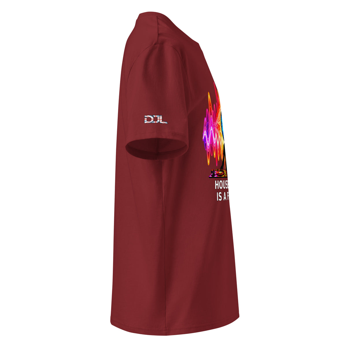 DJ Leslieson “House Music Is A Feeling” unisex organic t-shirt in Burgundy, right side view
