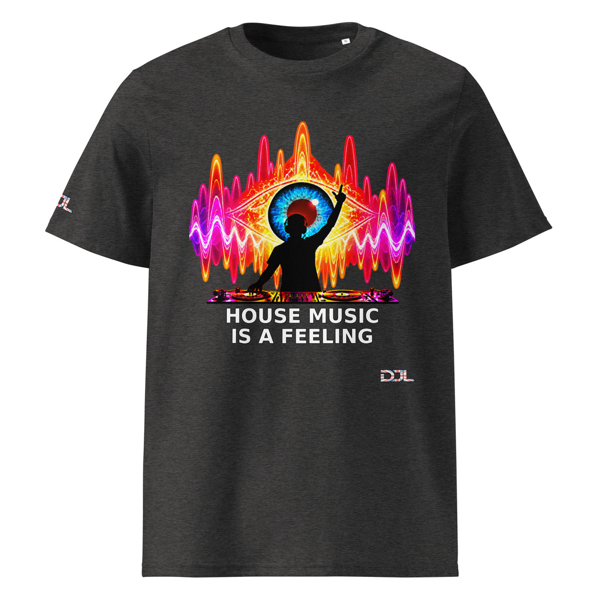 DJ Leslieson “House Music Is A Feeling” unisex organic t-shirt in Dark Heather Grey, front view showing the full design