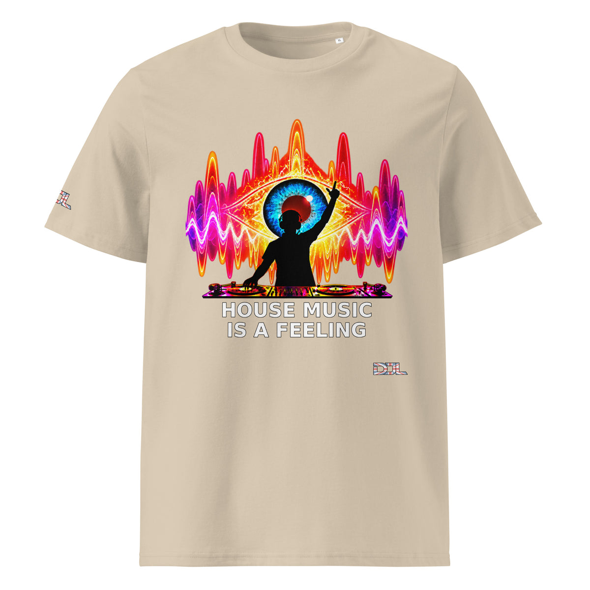 DJ Leslieson “House Music Is A Feeling” unisex organic t-shirt in Desert Dust, front view showing the full design