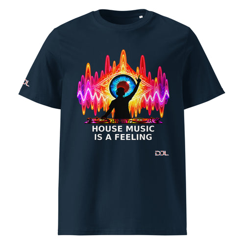 DJ Leslieson “House Music Is A Feeling” unisex organic t-shirt in French Navy, front view showing the full design