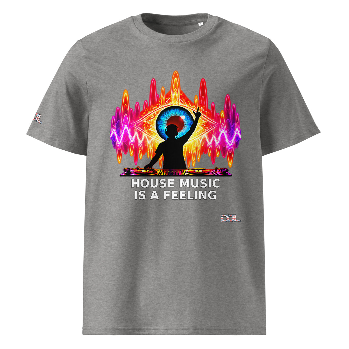 DJ Leslieson “House Music Is A Feeling” unisex organic t-shirt in Heather Grey, front view showing the full design