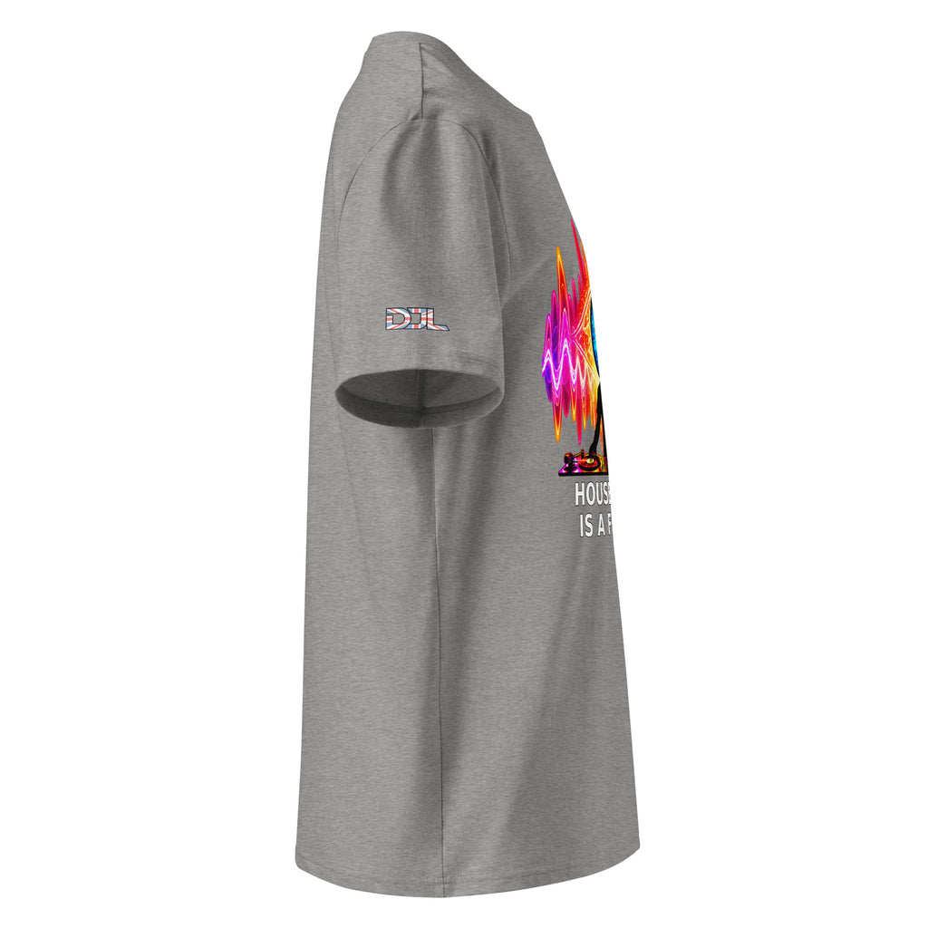 DJ Leslieson “House Music Is A Feeling” unisex organic t-shirt in Heather Grey, right side view
