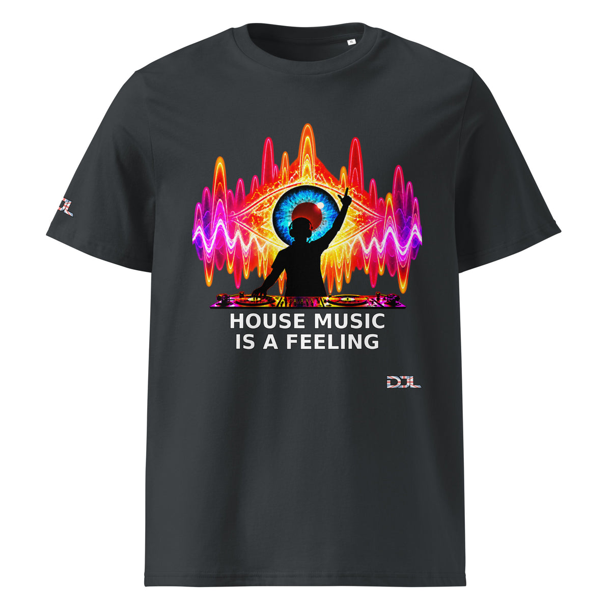 DJ Leslieson “House Music Is A Feeling” unisex organic t-shirt in India Ink Grey, front view showing the full design