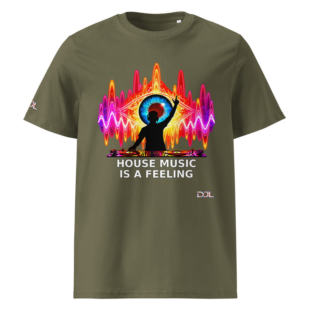 DJ Leslieson “House Music Is A Feeling” unisex organic t-shirt in Khaki, front view showing the full design