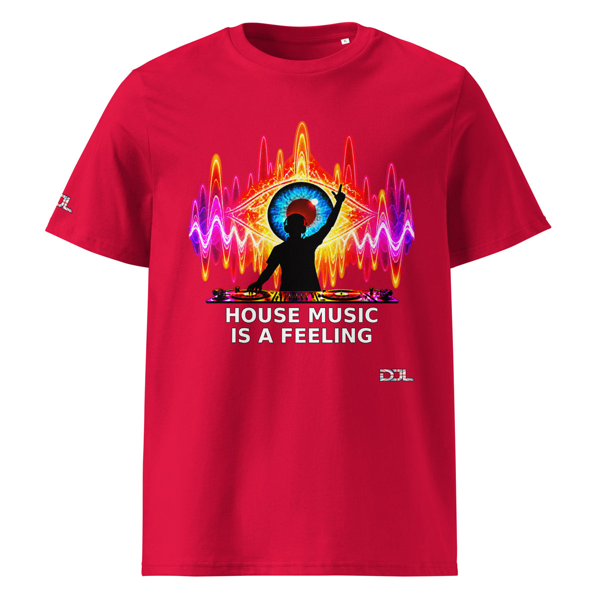 DJ Leslieson “House Music Is A Feeling” unisex organic t-shirt in Red, front view showing the full design