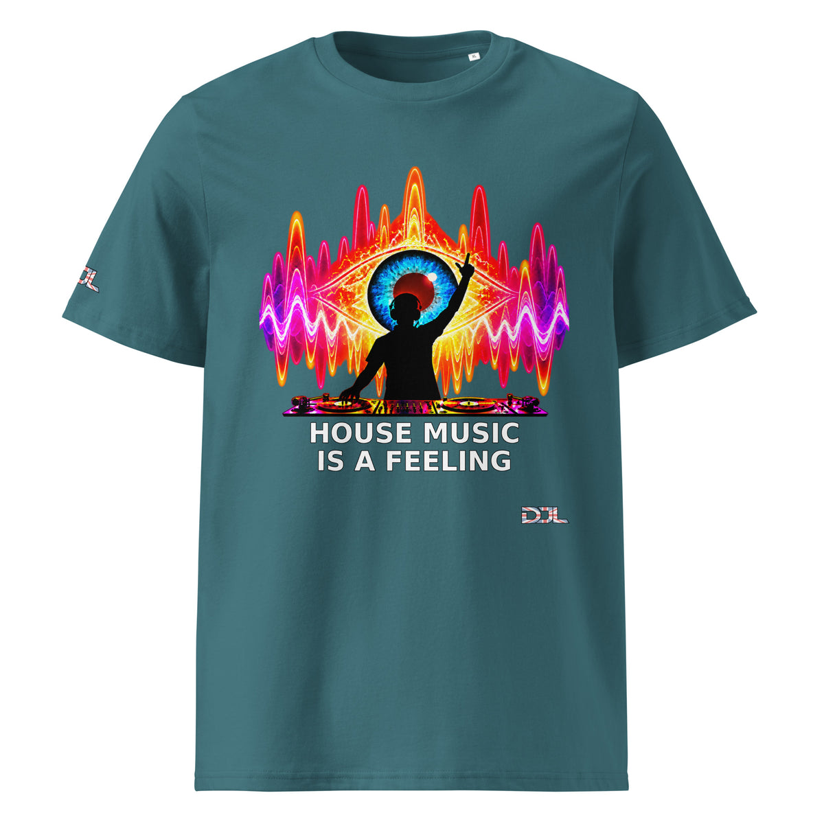 DJ Leslieson “House Music Is A Feeling” unisex organic t-shirt in Stargazer, front view showing the full design